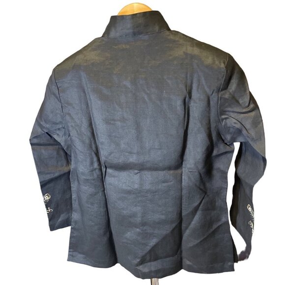 Potex NWT Black Linen Asian Inspired Peacock Embroidered Top Sz M - Picture 2 of 11